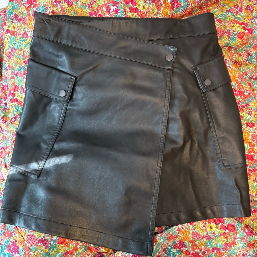 bishop + young chocolate brown Asymmetrical Faux Leather Mini Skirt